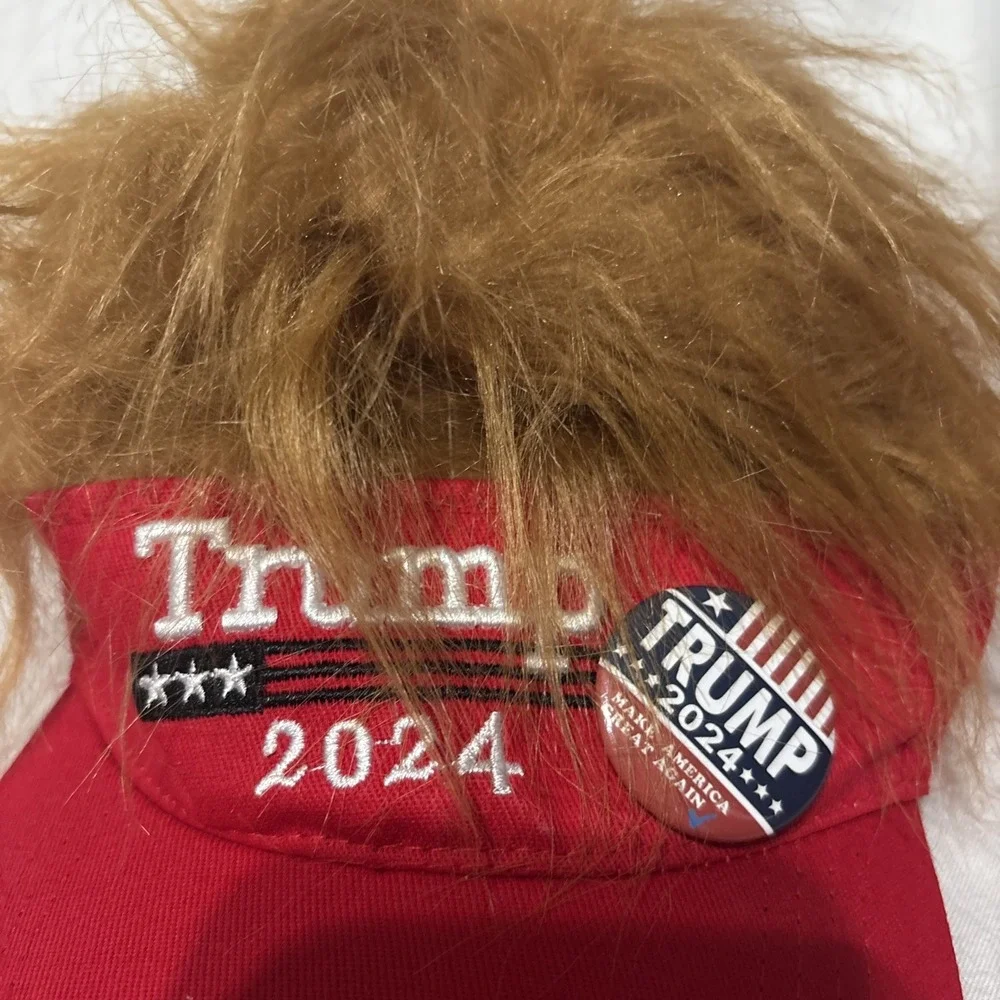 Lot Of 2 President Donald TRUMP Red Trumpy Visor Hat w/Gold Hair Golf Cap Wig